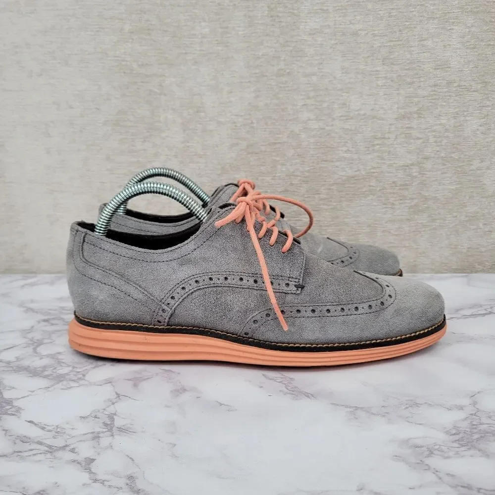 Cole Haan Original Grand Wingtip Oxford Gray Suede Coral Soles and Laces Men's